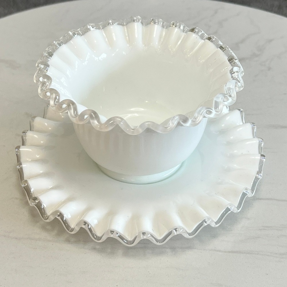 Fenton Silver Crest Bowl Ruffled Edge Mayonnaise Bowl Underplate Milk Glass Vtg